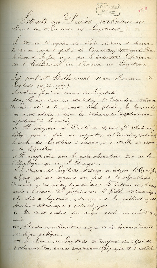 Minutes of the creation of the Bureau des Longitudes - credits : Observatoire de Paris